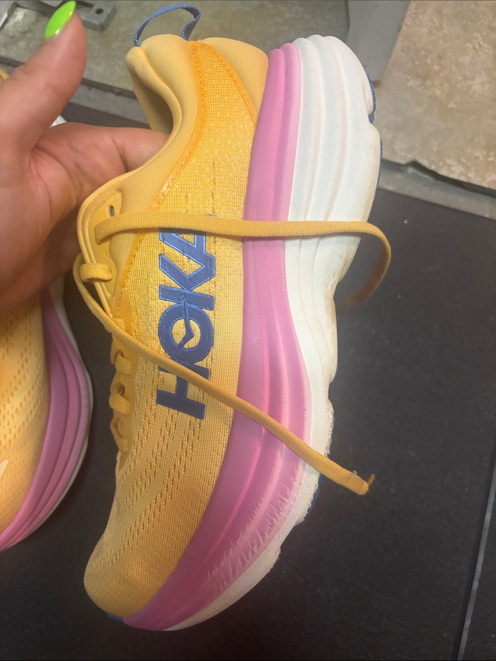 Hoka women’s Yellow Sneakers with Pink Midsole - Picture 2 of 4
